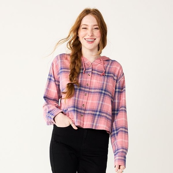 SO Tops - ⭐️ NWT! Juniors' SO® Cropped Plaid Button Down Hoodie MEDIUM